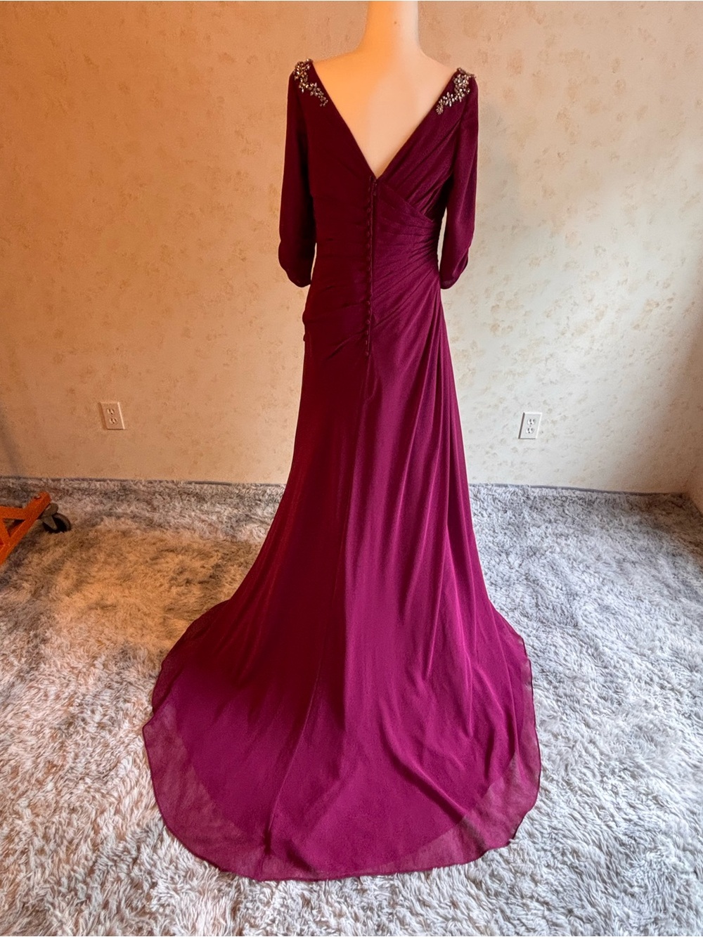 Alfred Angelo -Color is Berry V-Back Evening Gown with Embellished Shoulders